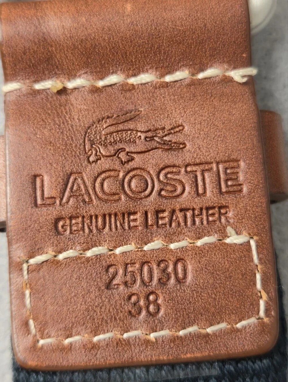 Lacoste Navy Canvas Belt with Brown Leather Accents - Size 38